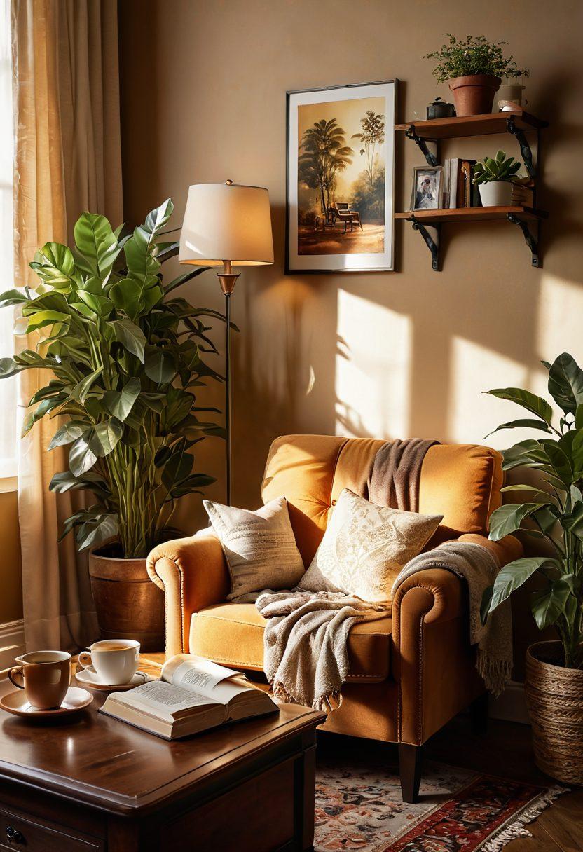 A cozy, inviting living room bathed in warm sunlight, featuring an open book on a plush armchair beside a steaming cup of tea, intricate wall art showcasing family memories, plants bringing life to the space, and a beautifully set dining table ready for a loving gathering. super-realistic. warm colors. soft lighting.