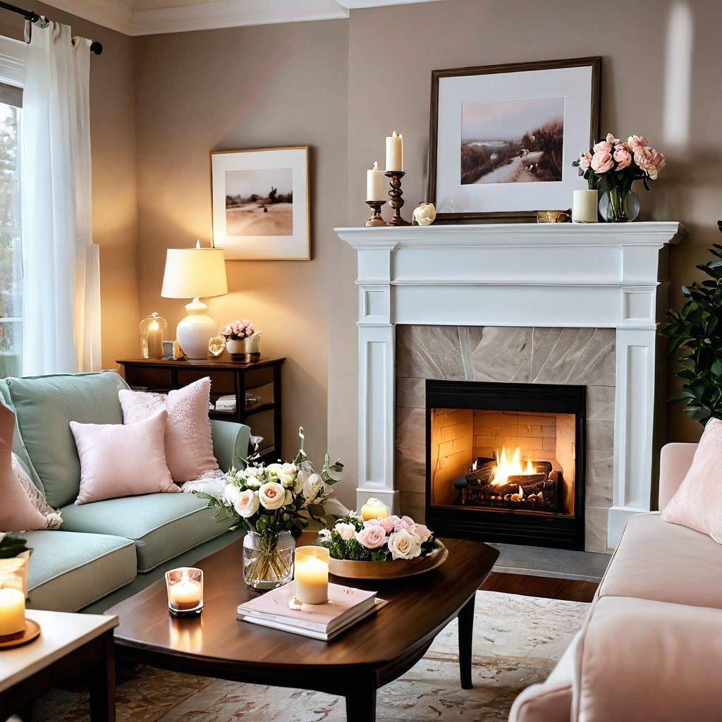 A cozy living room adorned with soft, warm lighting and plush furniture, evoking feelings of romance and togetherness. Include a softly crackling fireplace, scented candles, and a lovingly set dinner table for two. Add personal touches like framed couple photos and delicate floral arrangements to enhance intimacy. Create a dreamy atmosphere with pastel colors and soft textures. super-realistic. warm tones. soft focus.