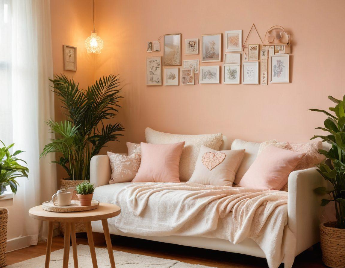 A warm and inviting room filled with handmade crafts and cozy decorations, showcasing a couple working together on a delightful DIY project. Soft lighting enhances the intimate atmosphere, surrounded by plants, cushions, and heartwarming artwork. The walls are adorned with personal touches like framed photos and love notes, symbolizing togetherness. The scene captures a sense of love, creativity, and comfort. cozy illustration. soft pastel colors. warm ambiance.